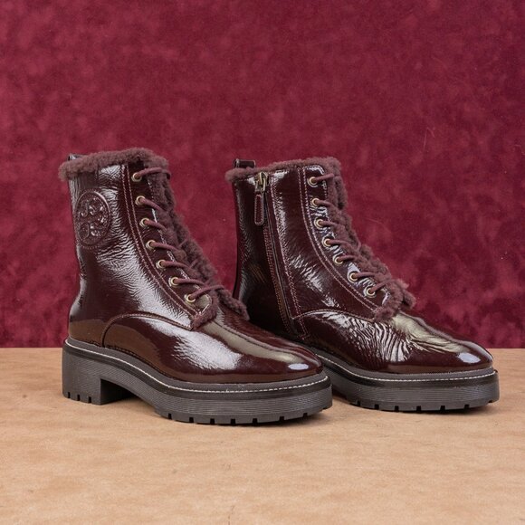 Tory Burch Wmn Miller Shearling Lined Burgundy Leather Zip Combat Boots sz 7 - Picture 1 of 9